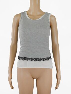 Robert Rodriguez Layered Ribbed Cami Tank Top Gray Black Lace Trim